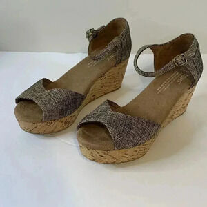 TOMS Women’s Sz 6.5 Brown Burlap Open Toe Ankle Straps Cork Wedge Platform Shoes